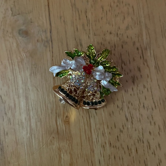 Source Unknown Jewelry - Source Unknown Gold-Tone Bell Brooch with Green Holly and Red Accent